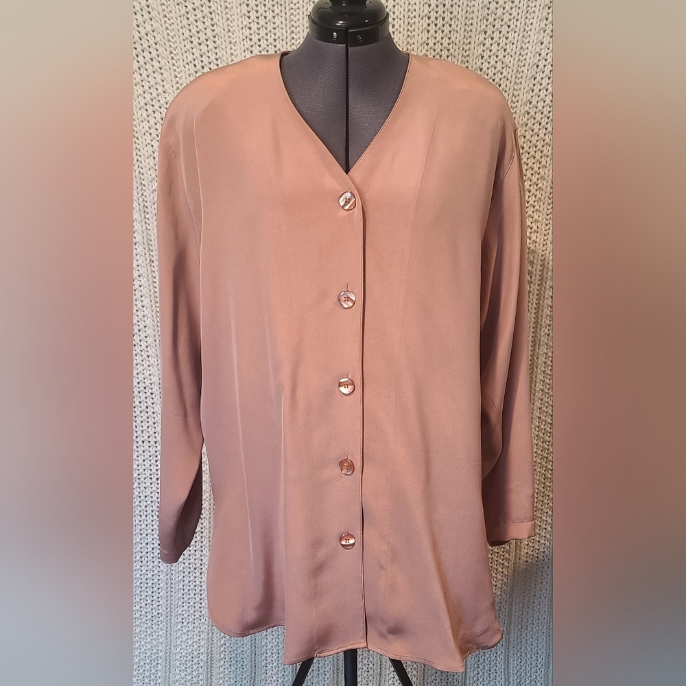 Vintage Essential Elements 100% Silk Mauve/Blush Button-Up Blouse Size Large